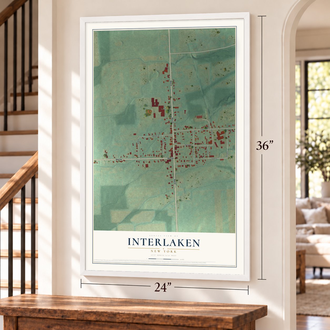 Interlaken, New York map, 24 x 36 inch print in a white frame by a staircase