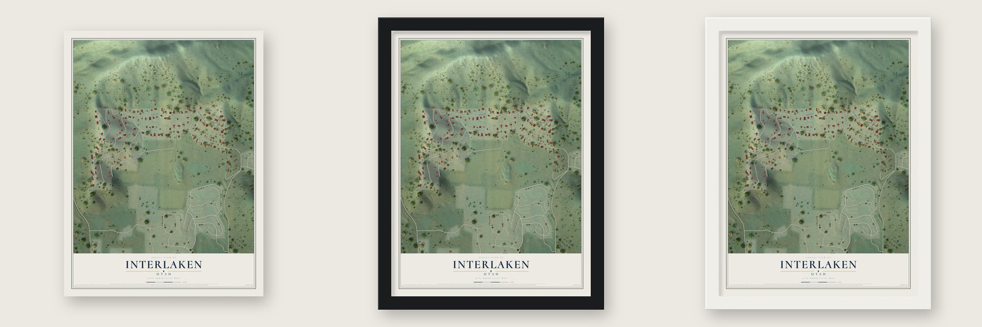 Interlaken, Utah map unframed, in a black wood frame and in a white wood frame