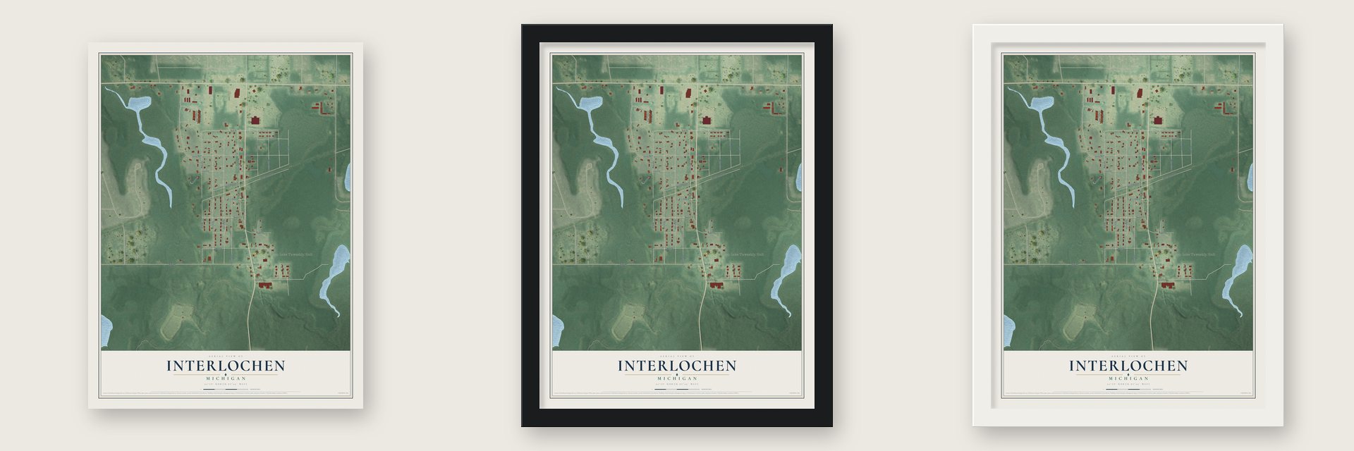 Interlochen, Michigan map unframed, in a black wood frame and in a white wood frame