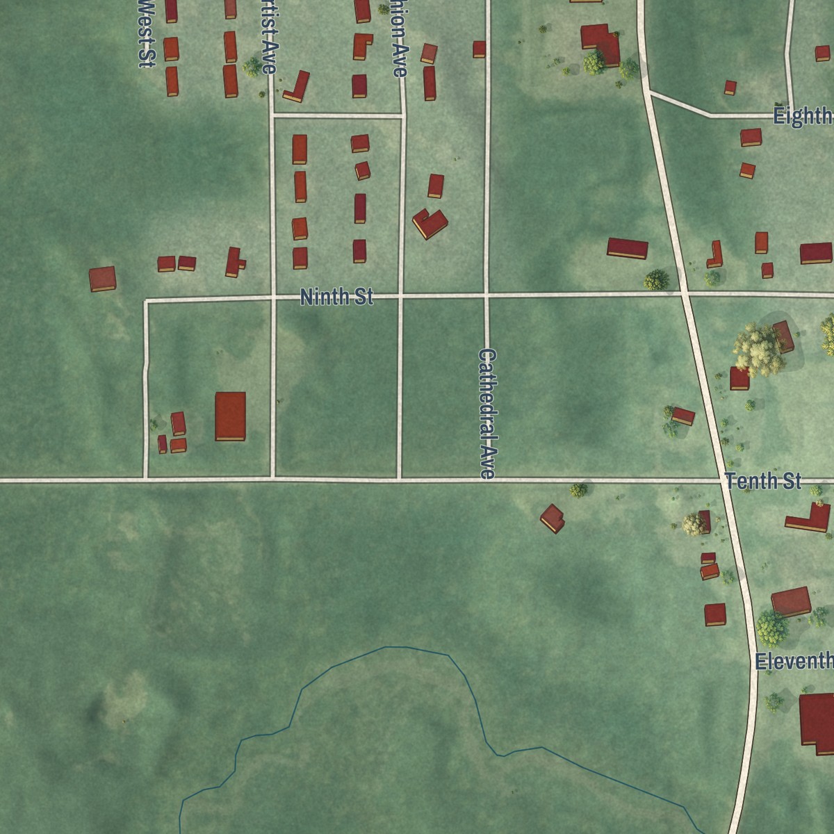 Second close-up of the map of Interlochen, Michigan print showing more streets and buildings