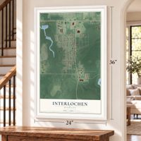 Interlochen, Michigan map, 24 x 36 inch print in a white frame by a staircase