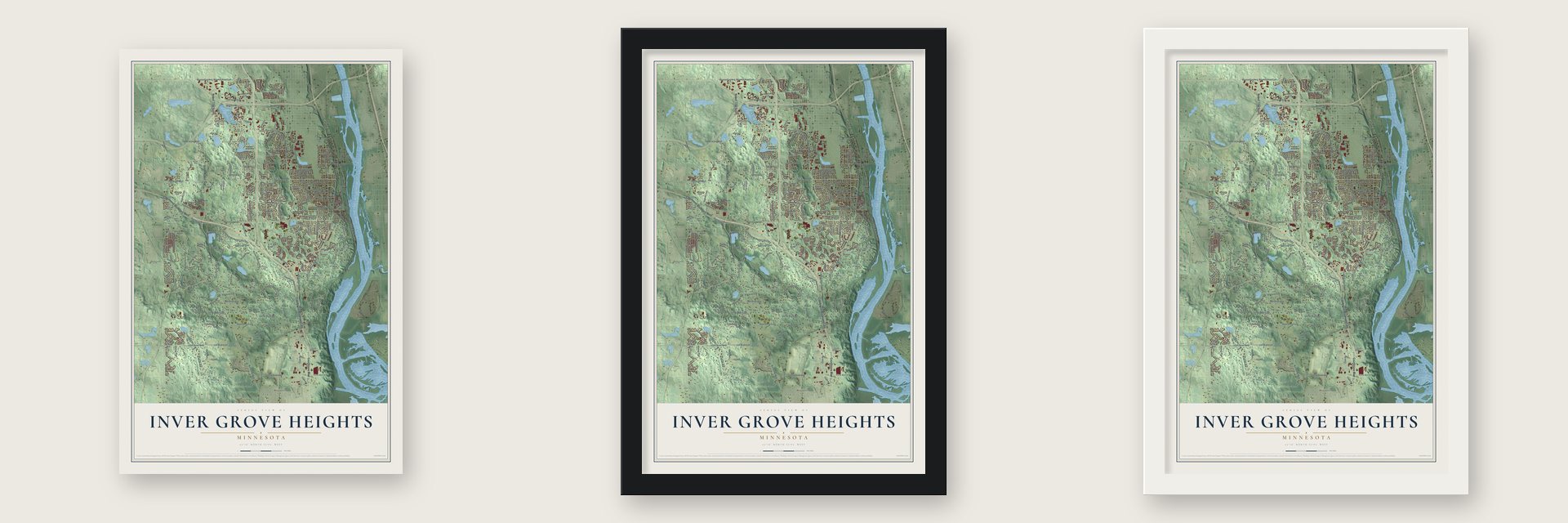 Inver Grove Heights, Minnesota map unframed, in a black wood frame and in a white wood frame