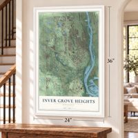 Inver Grove Heights, Minnesota map, 24 x 36 inch print in a white frame by a staircase