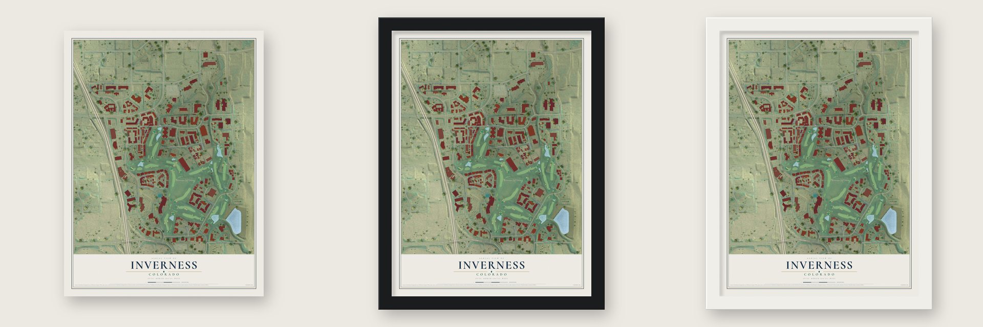 Inverness, Colorado map unframed, in a black wood frame and in a white wood frame