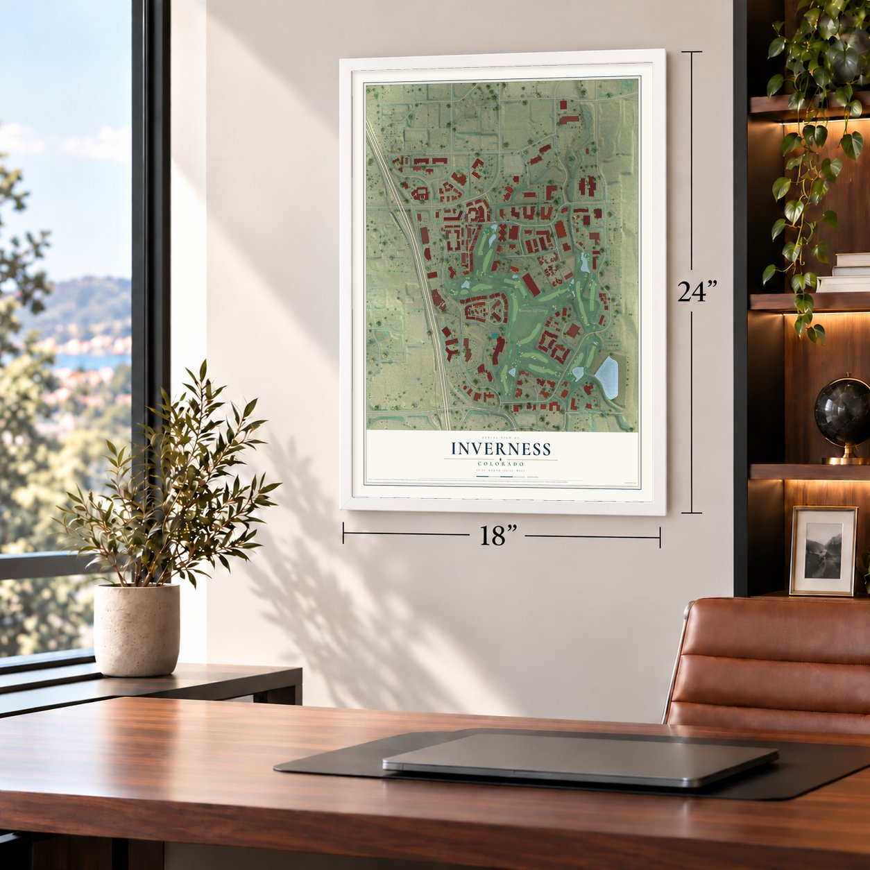Inverness, Colorado map, 18 x 24 inch print in a white frame in a home office