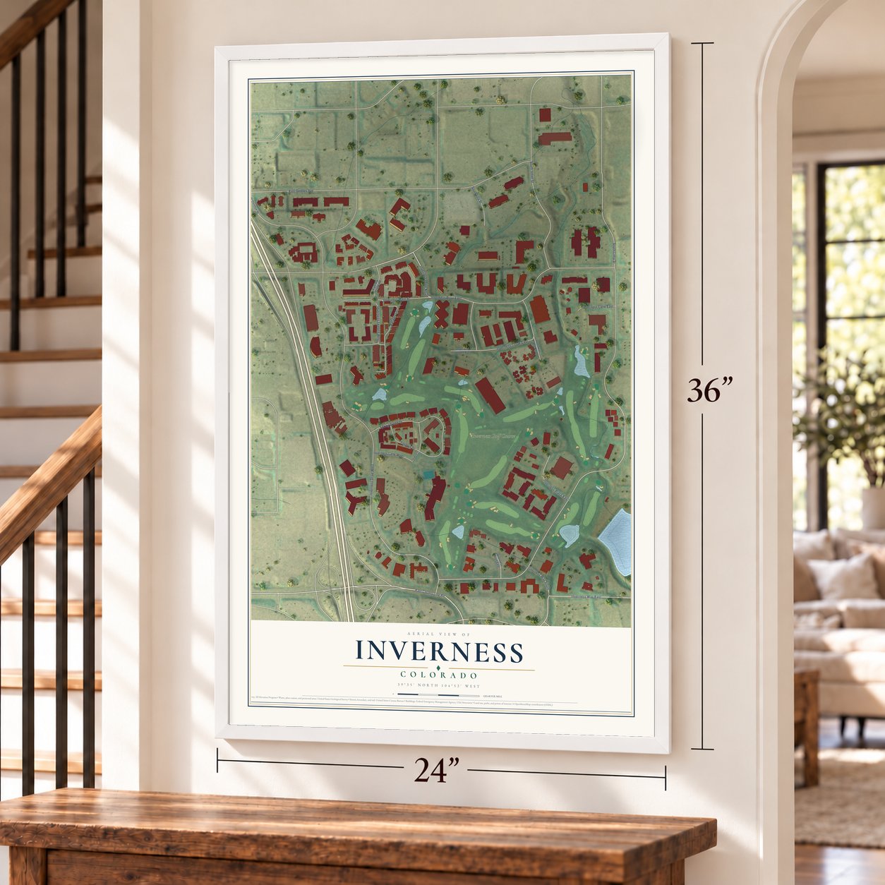 Inverness, Colorado map, 24 x 36 inch print in a white frame by a staircase