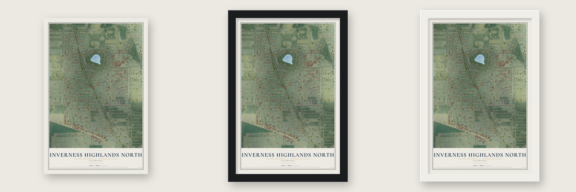 Inverness Highlands North, Florida map unframed, in a black wood frame and in a white wood frame