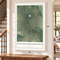 Inverness Highlands North, Florida map, 24 x 36 inch print in a white frame by a staircase