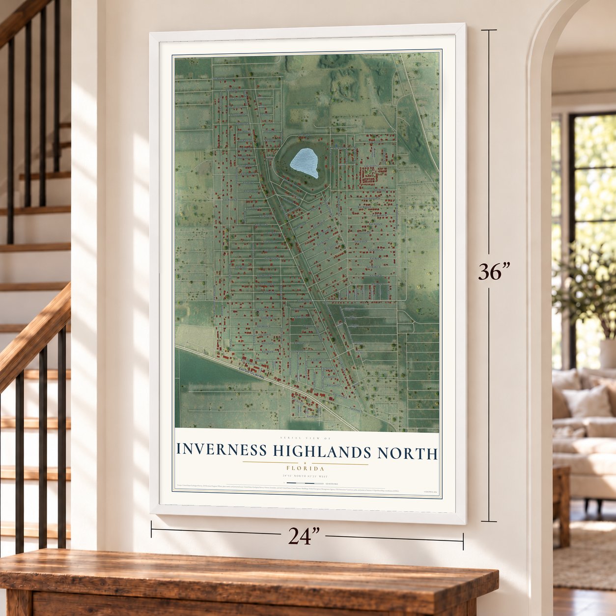 Inverness Highlands North, Florida map, 24 x 36 inch print in a white frame by a staircase