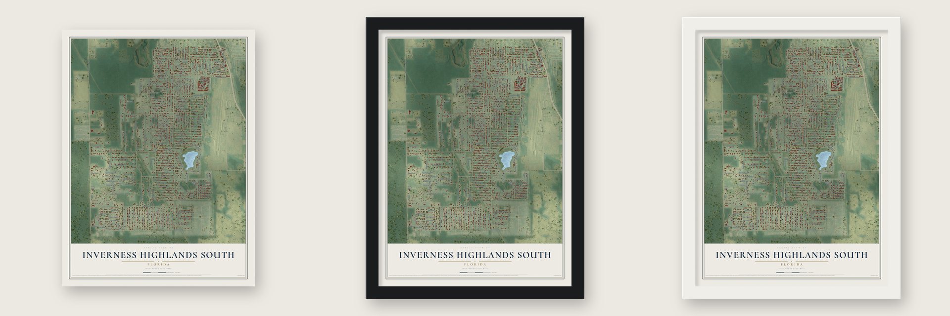 Inverness Highlands South, Florida map unframed, in a black wood frame and in a white wood frame