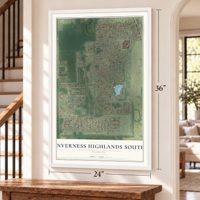 Inverness Highlands South, Florida map, 24 x 36 inch print in a white frame by a staircase