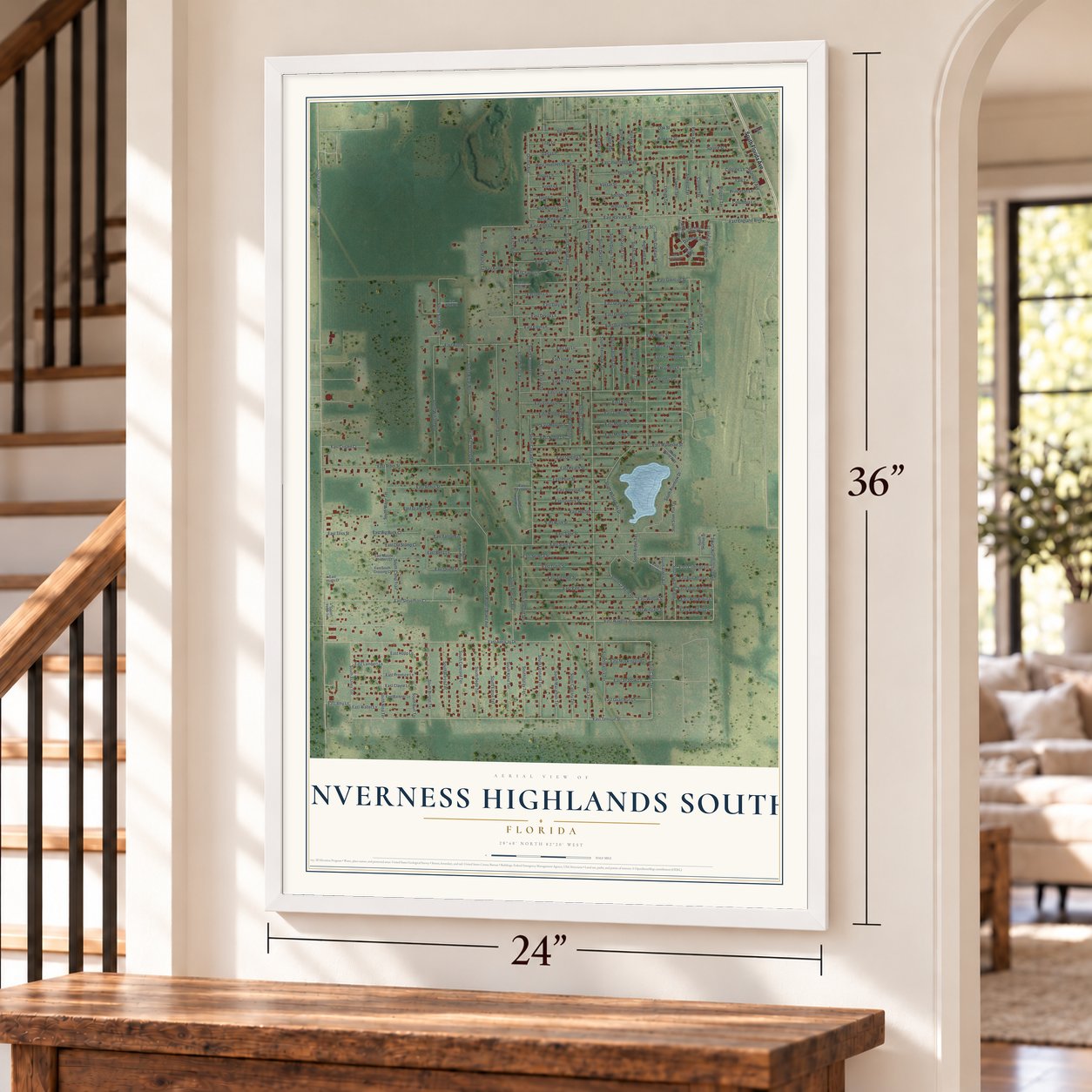 Inverness Highlands South, Florida map, 24 x 36 inch print in a white frame by a staircase