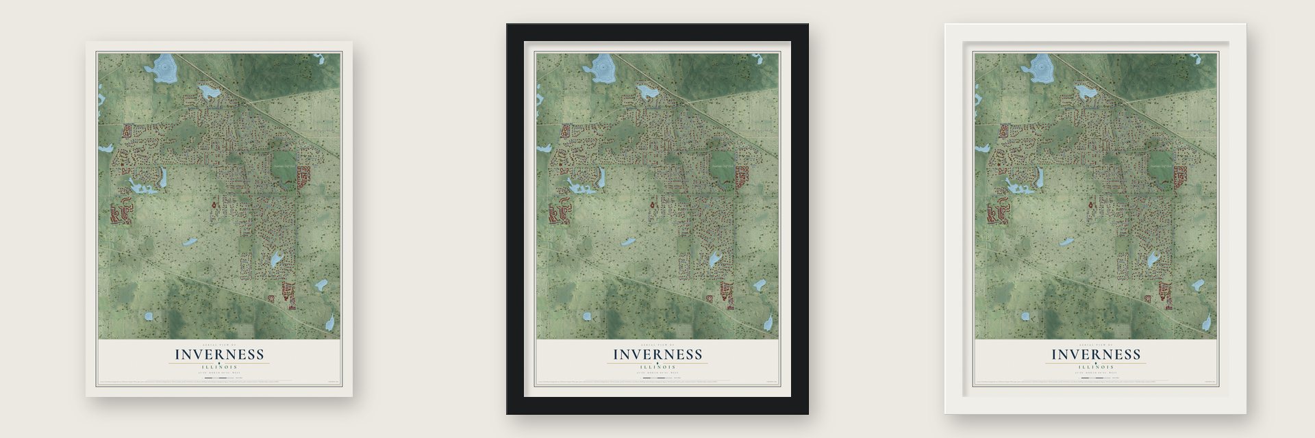 Inverness, Illinois map unframed, in a black wood frame and in a white wood frame