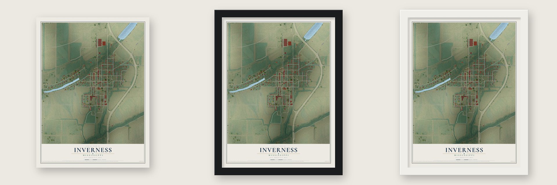Inverness, Mississippi map unframed, in a black wood frame and in a white wood frame