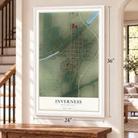 Inverness, Mississippi map, 24 x 36 inch print in a white frame by a staircase