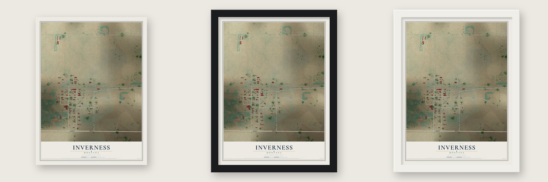 Inverness, Montana map unframed, in a black wood frame and in a white wood frame