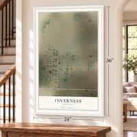 Inverness, Montana map, 24 x 36 inch print in a white frame by a staircase