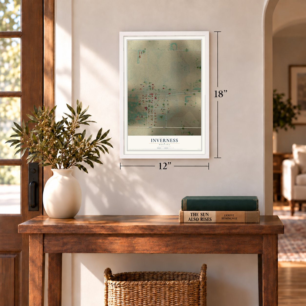 Inverness, Montana map, 12 x 18 inch print in a white frame in an entryway
