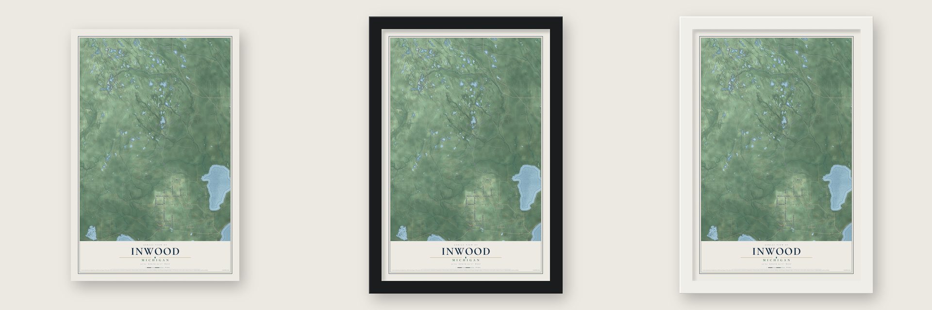 Inwood, Michigan map unframed, in a black wood frame and in a white wood frame