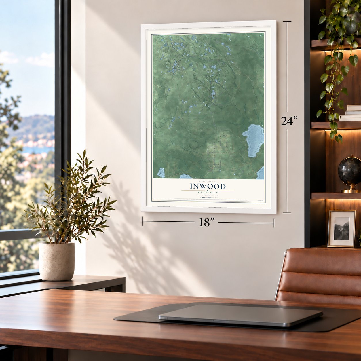 Inwood, Michigan map, 18 x 24 inch print in a white frame in a home office