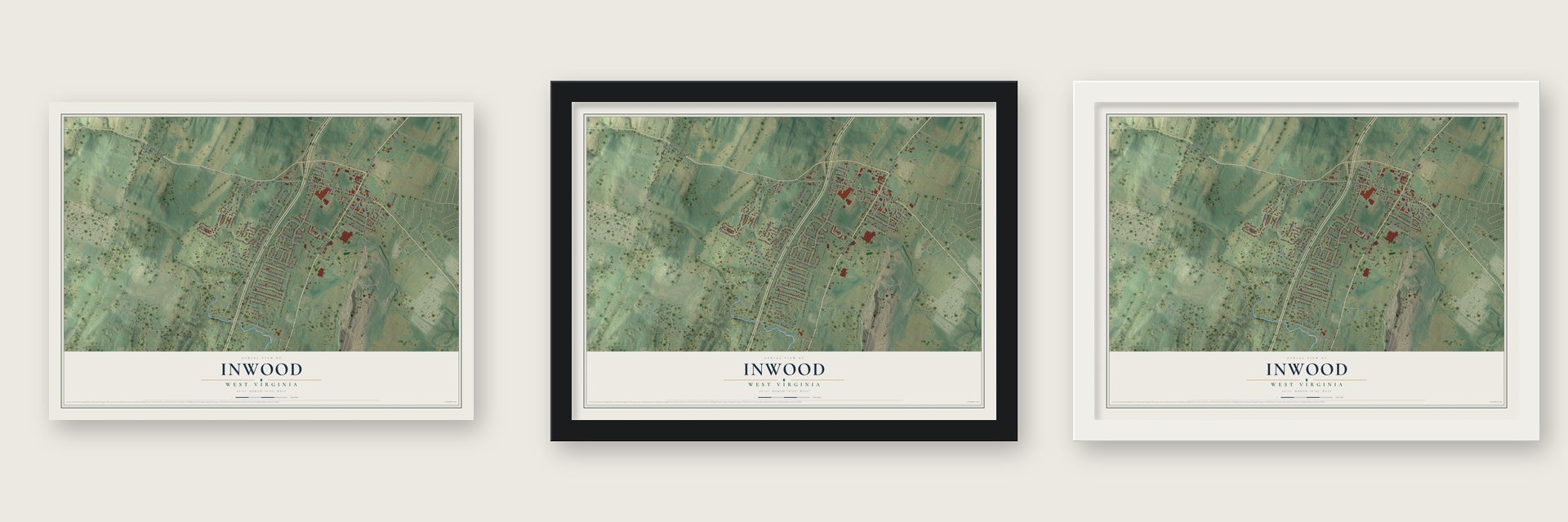 Inwood, West Virginia map unframed, in a black wood frame and in a white wood frame