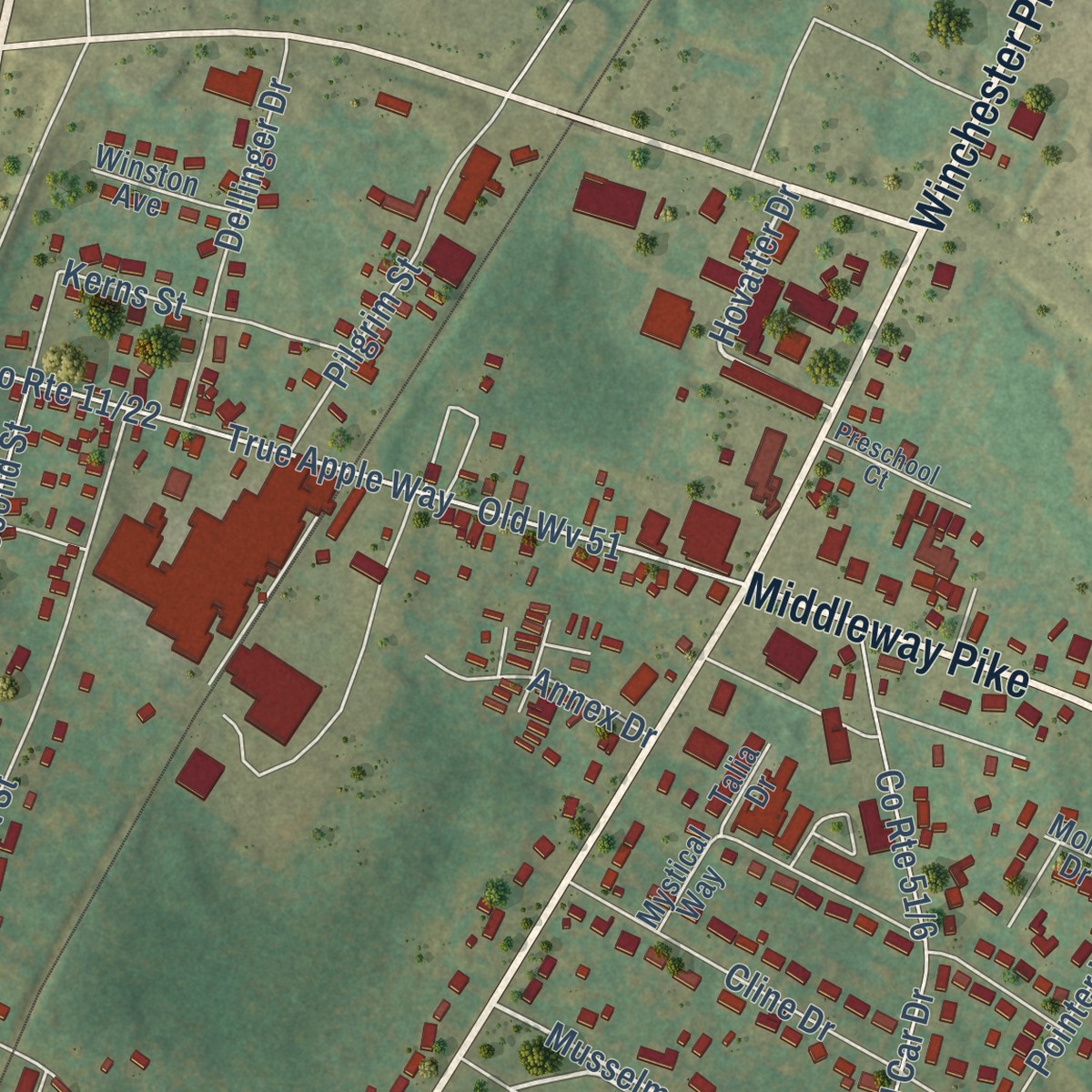 Second close-up of the map of Inwood, West Virginia print showing more streets and buildings
