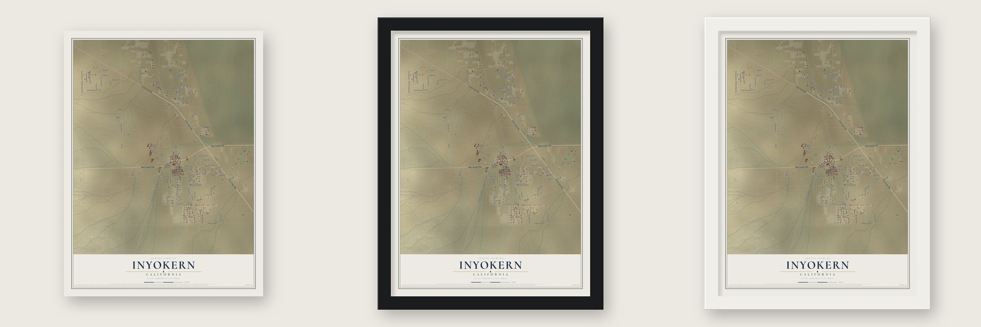 Inyokern, California map unframed, in a black wood frame and in a white wood frame
