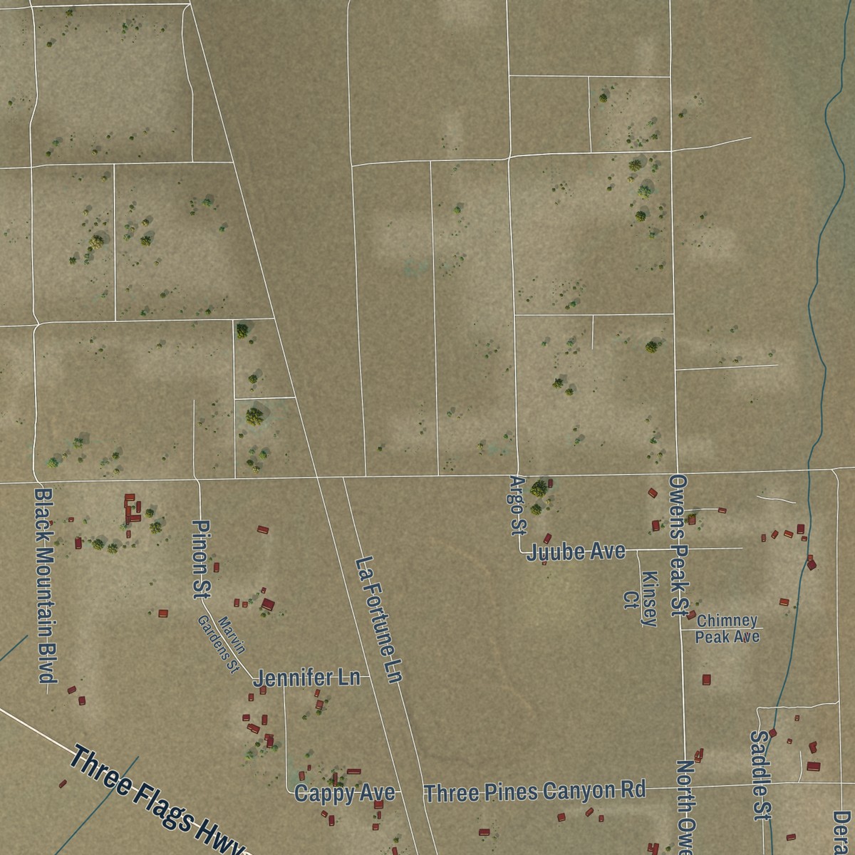 Second close-up of the map of Inyokern, California print showing more streets and buildings