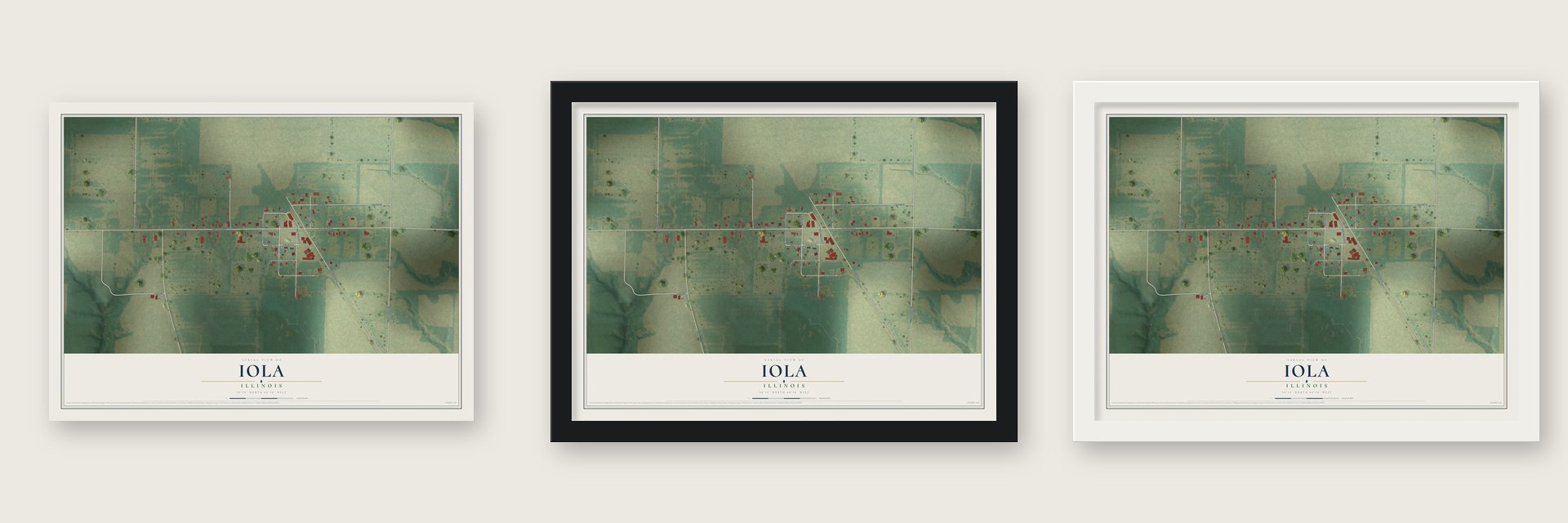 Iola, Illinois map unframed, in a black wood frame and in a white wood frame