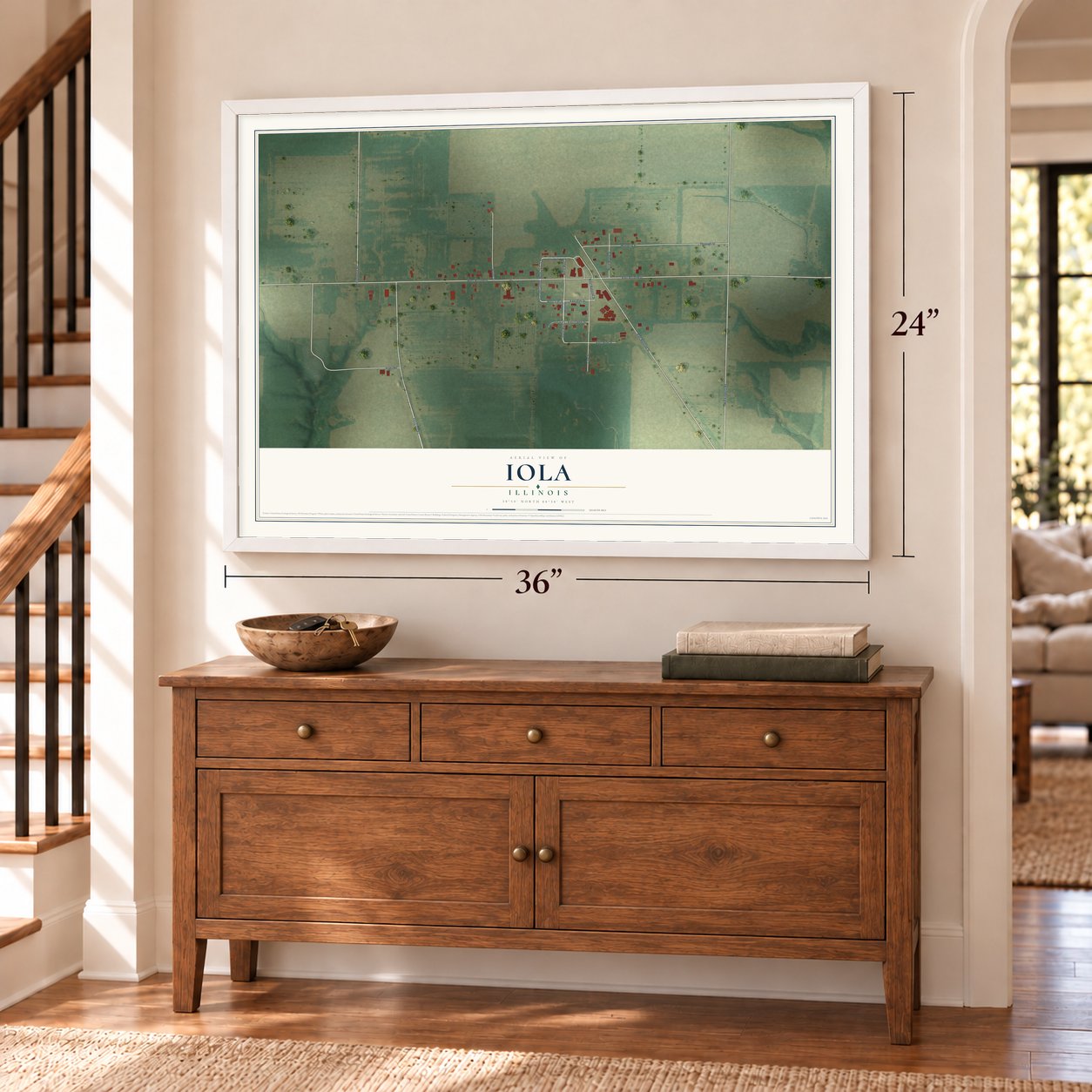 Iola, Illinois map, 24 x 36 inch print in a white frame above a dresser by a staircase