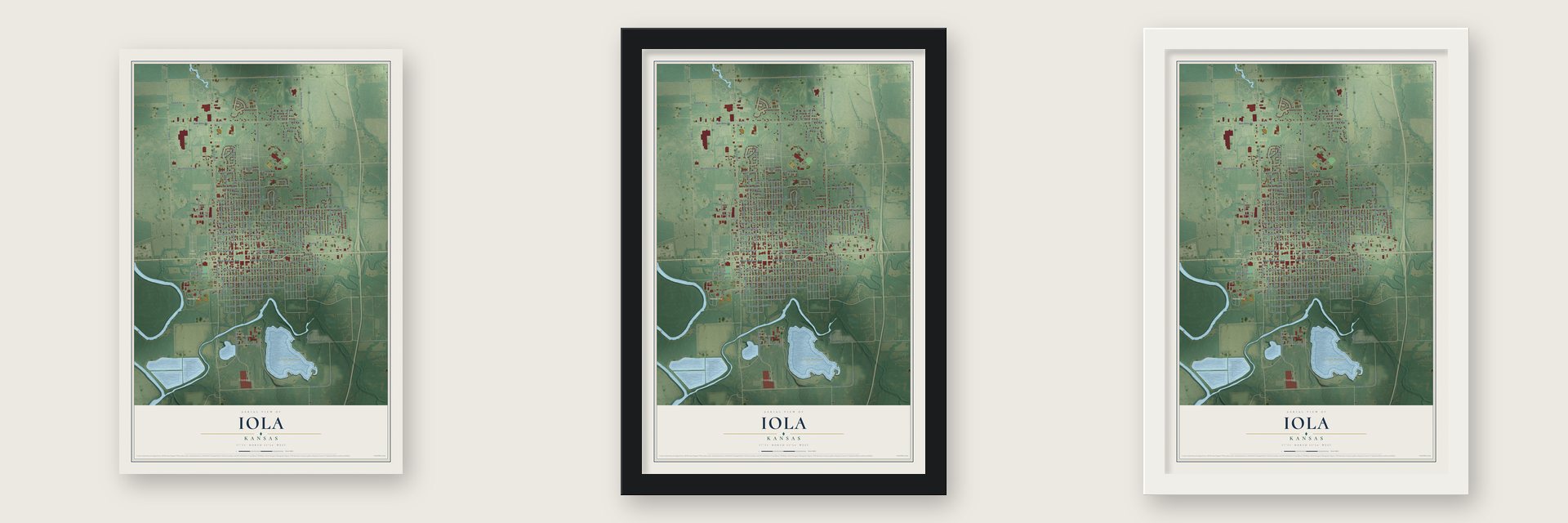 Iola, Kansas map unframed, in a black wood frame and in a white wood frame