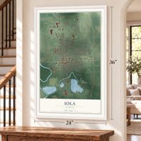 Iola, Kansas map, 24 x 36 inch print in a white frame by a staircase