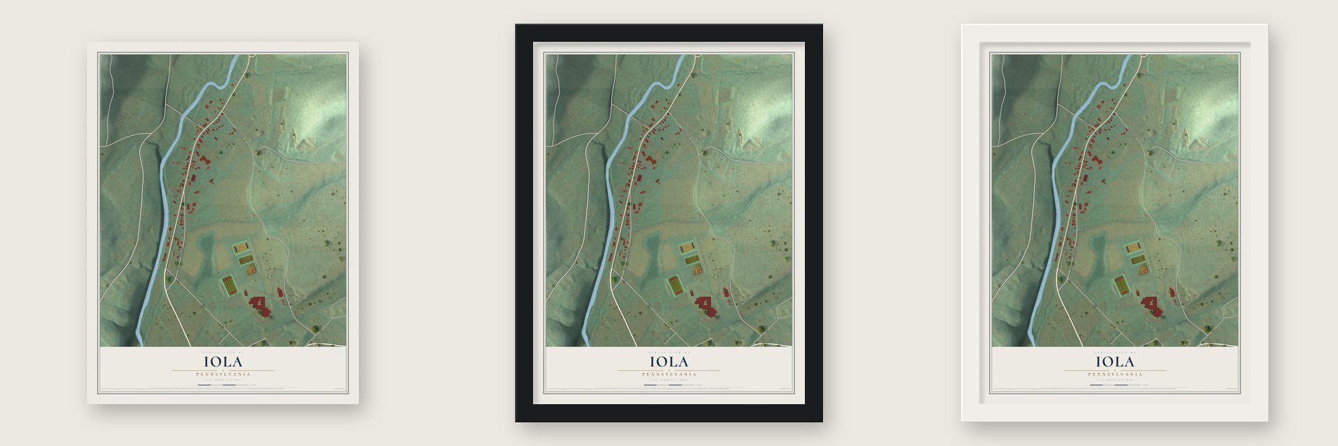Iola, Pennsylvania map unframed, in a black wood frame and in a white wood frame