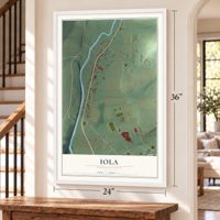 Iola, Pennsylvania map, 24 x 36 inch print in a white frame by a staircase