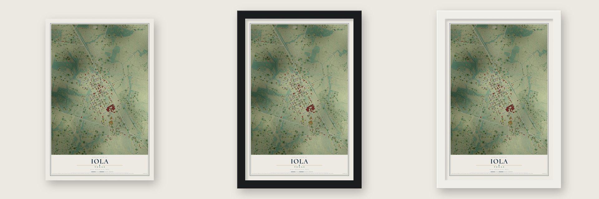 Iola, Texas map unframed, in a black wood frame and in a white wood frame