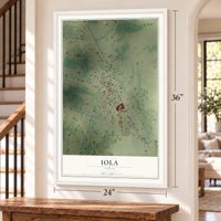 Iola, Texas map, 24 x 36 inch print in a white frame by a staircase