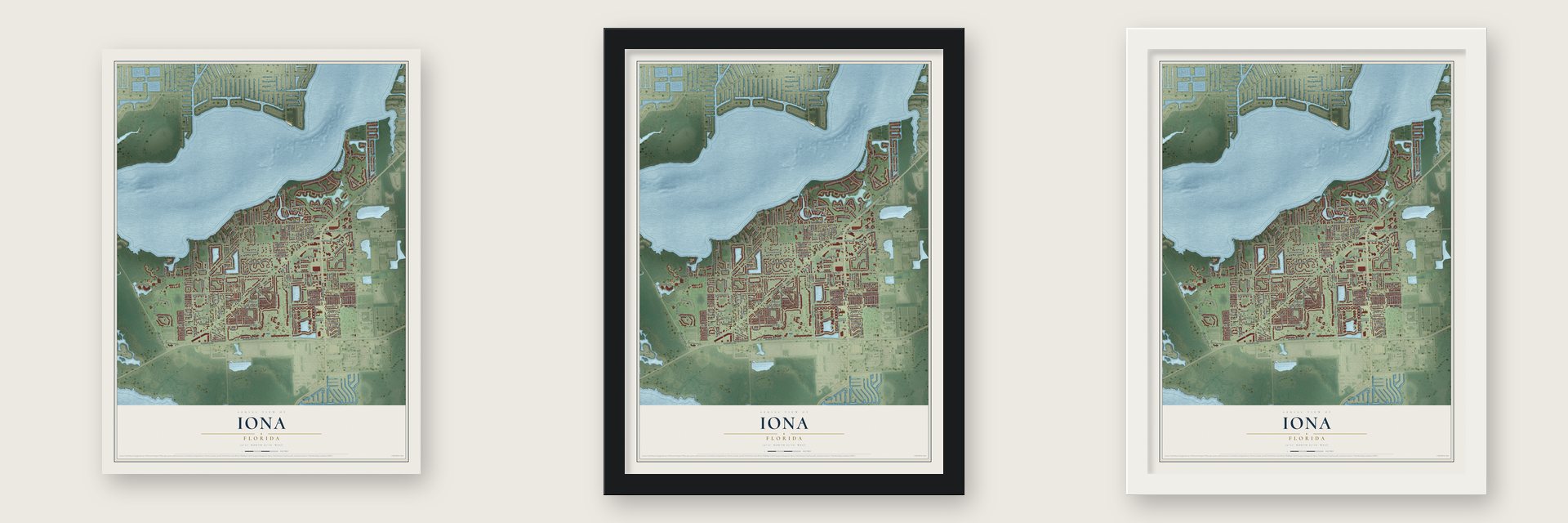 Iona, Florida map unframed, in a black wood frame and in a white wood frame