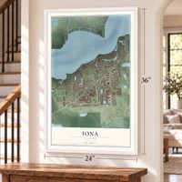 Iona, Florida map, 24 x 36 inch print in a white frame by a staircase