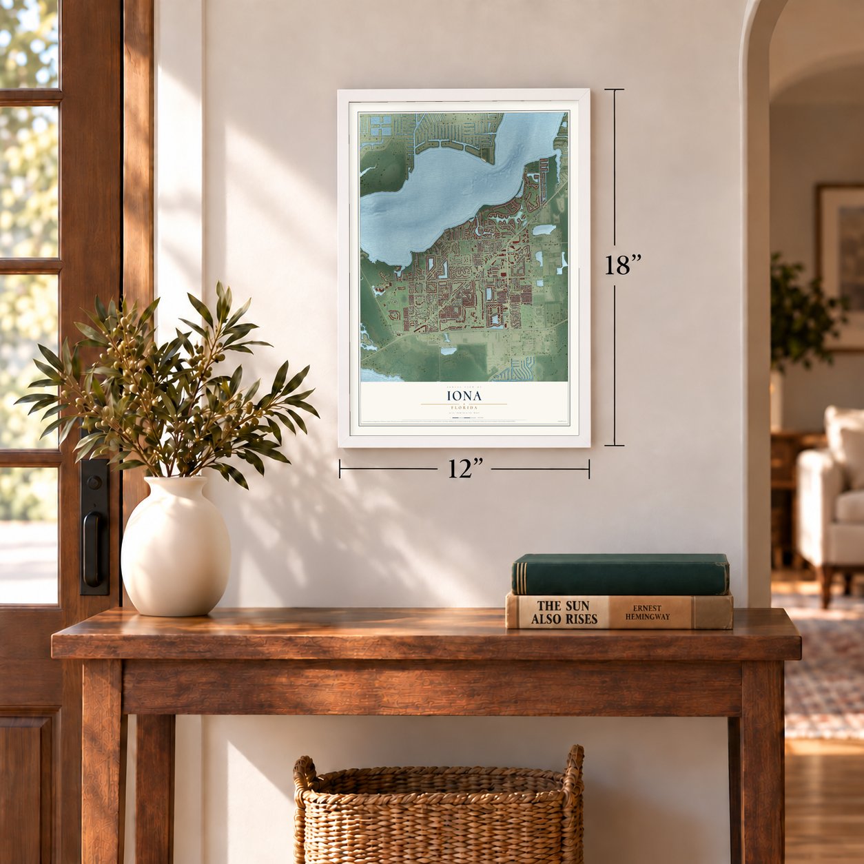 Iona, Florida map, 12 x 18 inch print in a white frame in an entryway