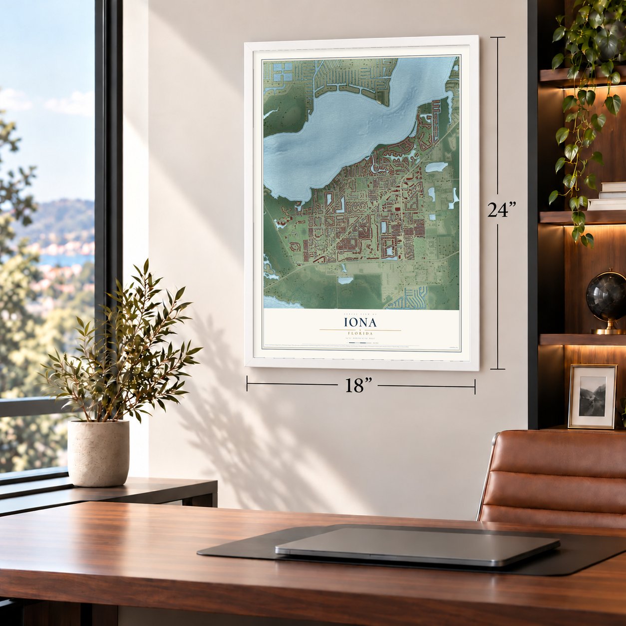 Iona, Florida map, 18 x 24 inch print in a white frame in a home office
