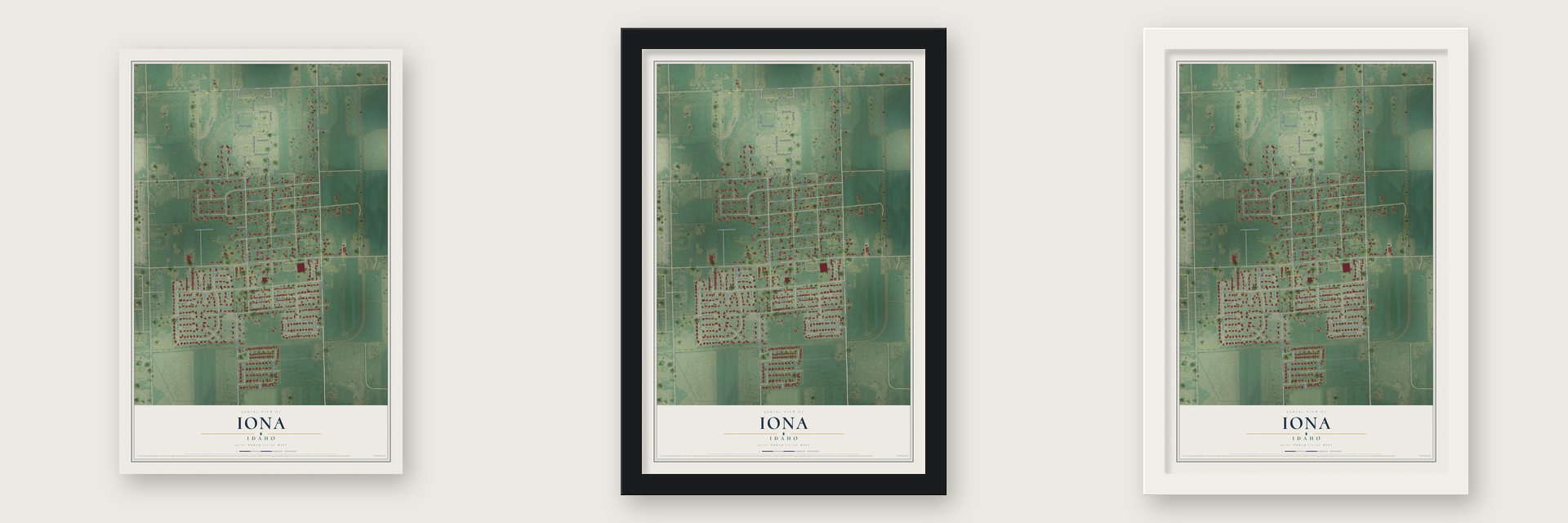 Iona, Idaho map unframed, in a black wood frame and in a white wood frame