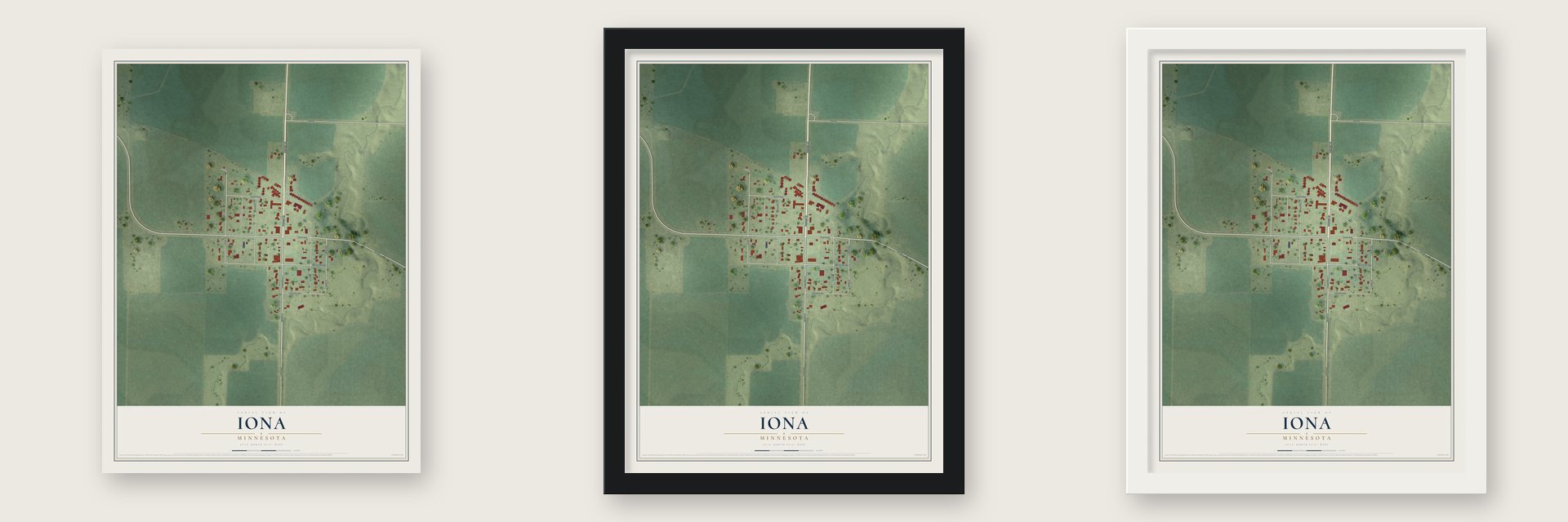 Iona, Minnesota map unframed, in a black wood frame and in a white wood frame