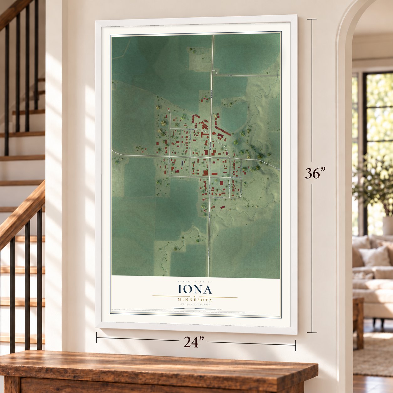 Iona, Minnesota map, 24 x 36 inch print in a white frame by a staircase