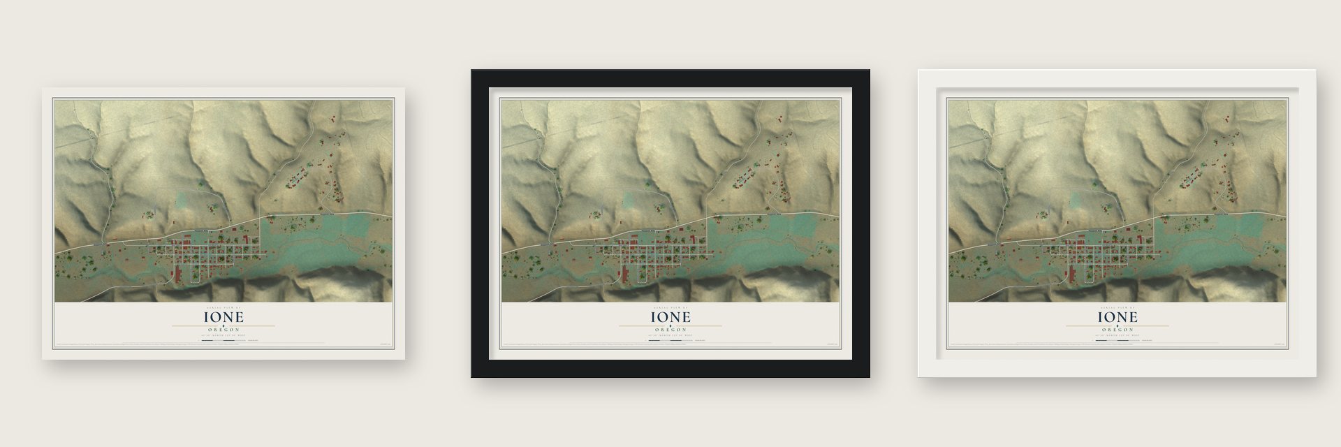 Ione, Oregon map unframed, in a black wood frame and in a white wood frame