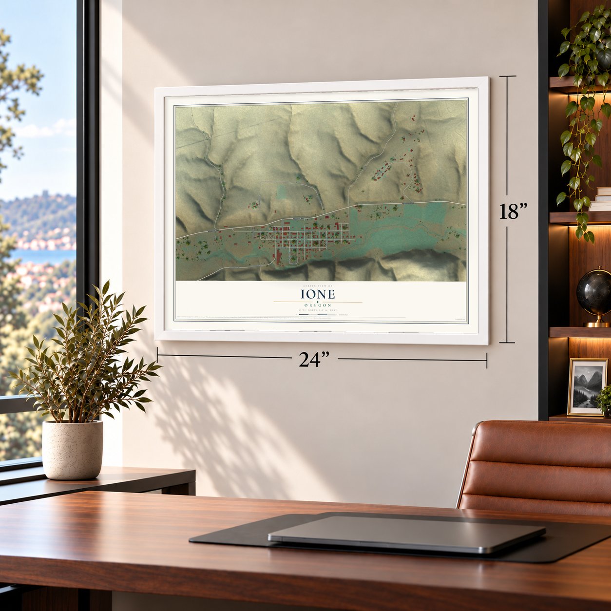 Ione, Oregon map, 18 x 24 inch print in a white frame in a home office