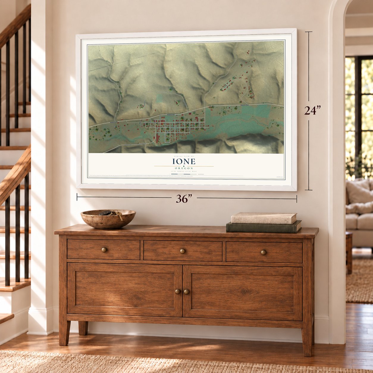 Ione, Oregon map, 24 x 36 inch print in a white frame above a dresser by a staircase