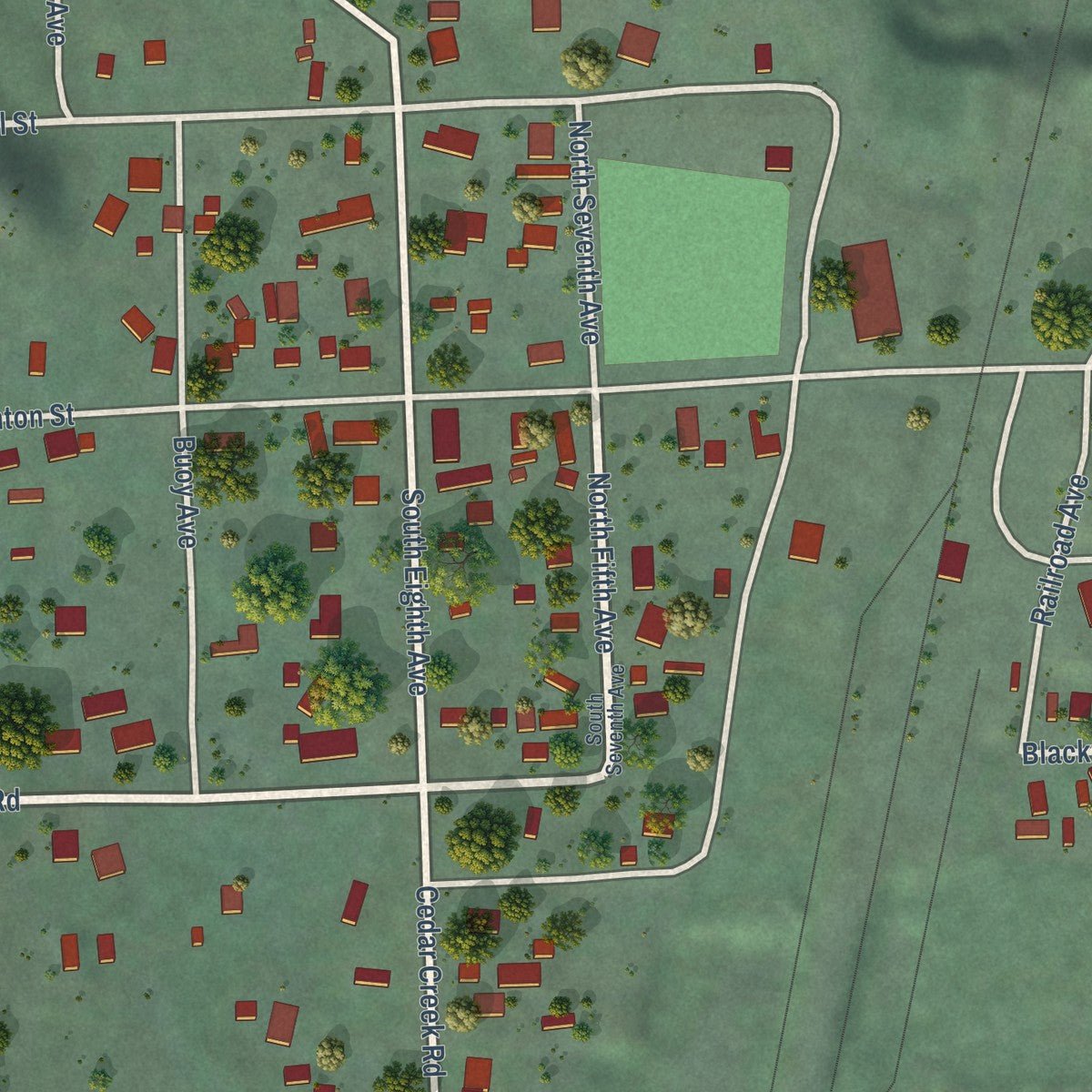 Second close-up of the map of Ione, Washington print showing more streets and buildings