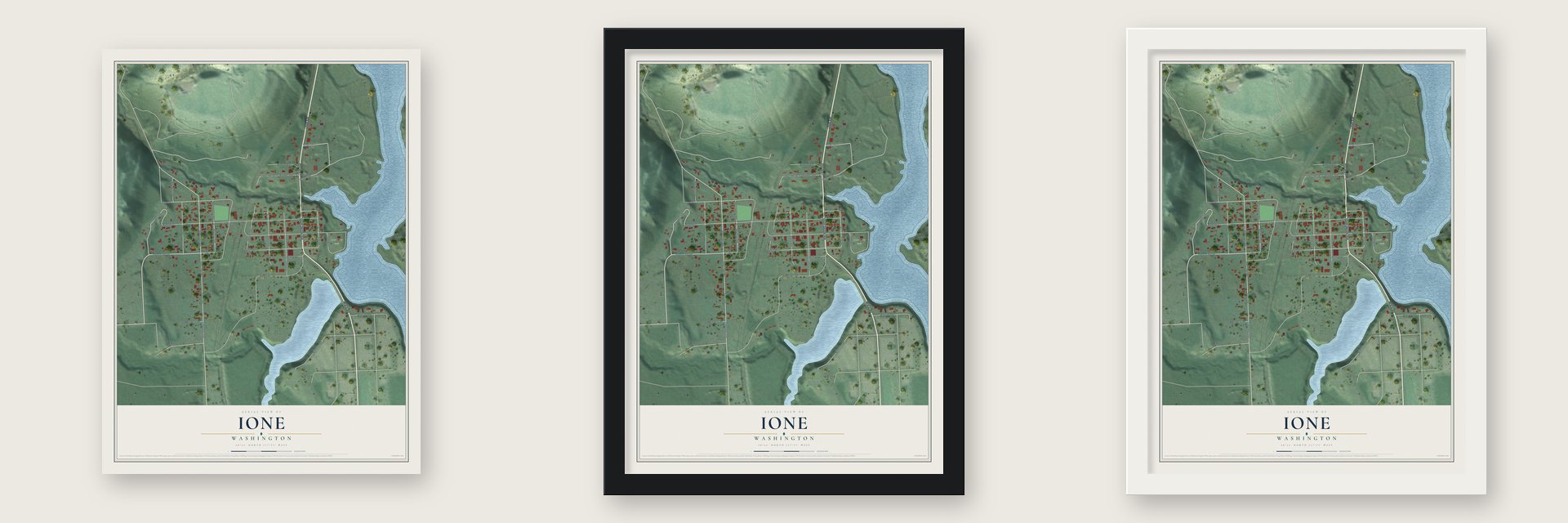 Ione, Washington map unframed, in a black wood frame and in a white wood frame