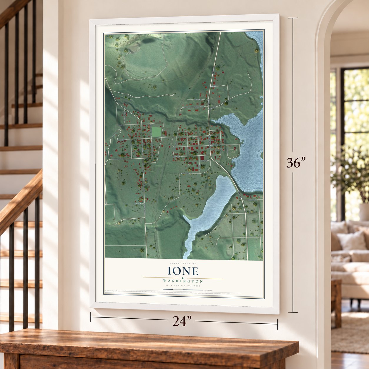 Ione, Washington map, 24 x 36 inch print in a white frame by a staircase