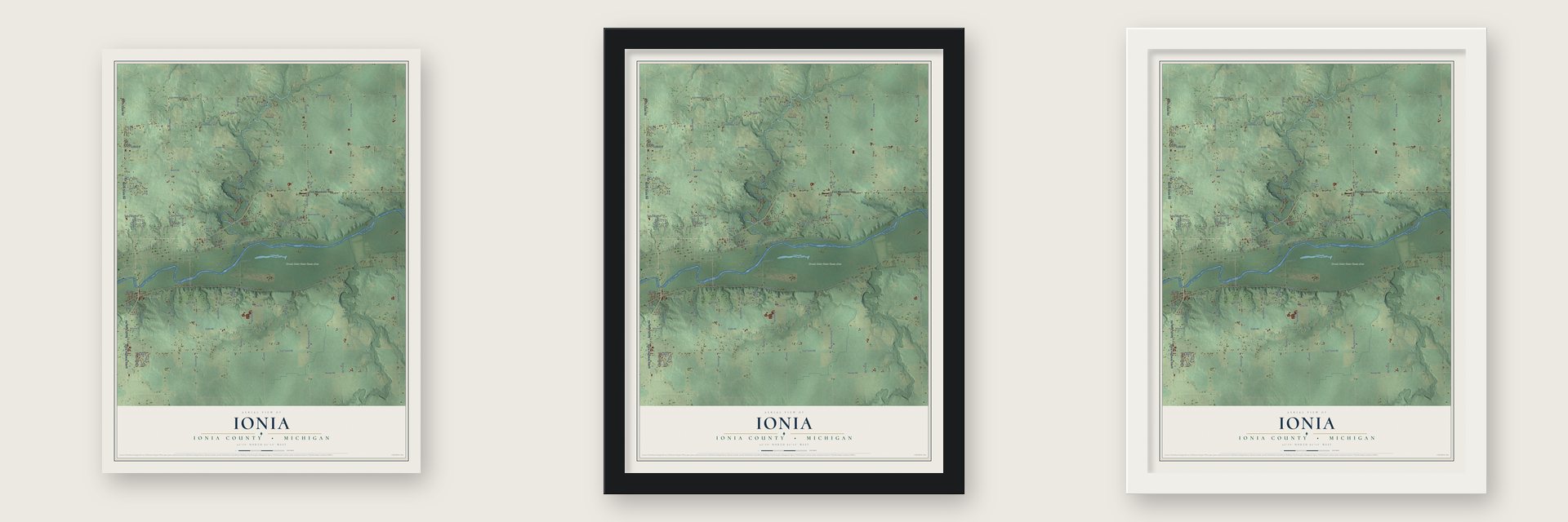 Ionia, Ionia County, Michigan map unframed, in a black wood frame and in a white wood frame